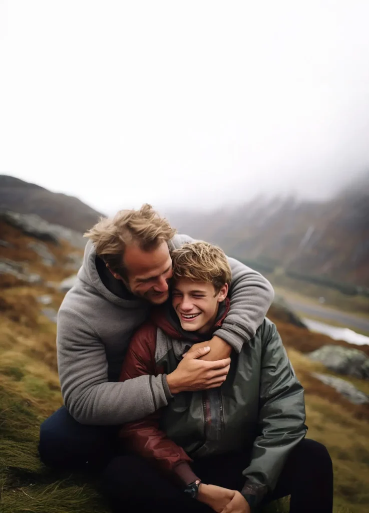 Vader omarmt zoon, allebei lachend, bergen op de achtergrond